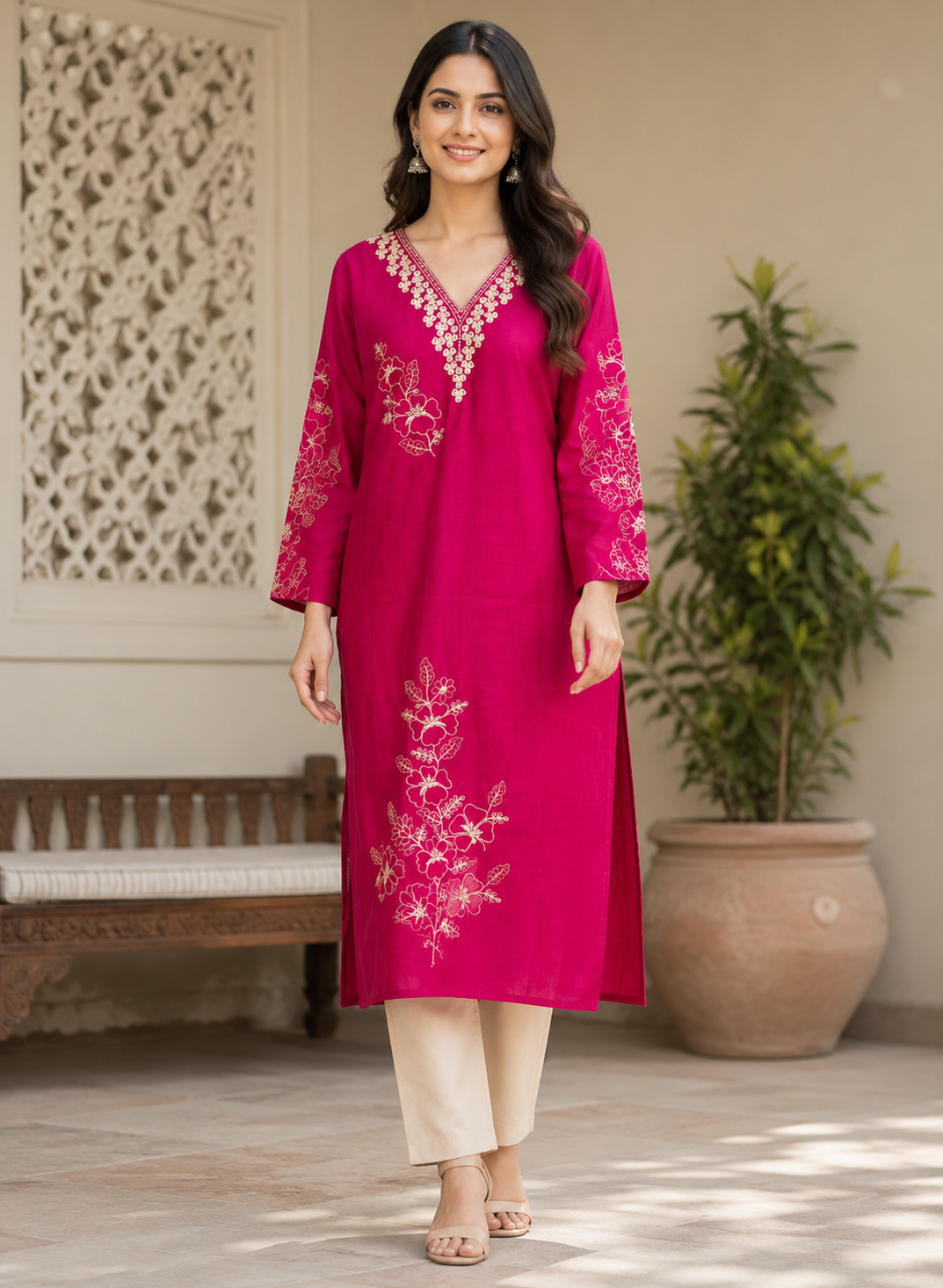 Women’s Pink Embroidered Straight Kurti with Floral Work & V-Neck