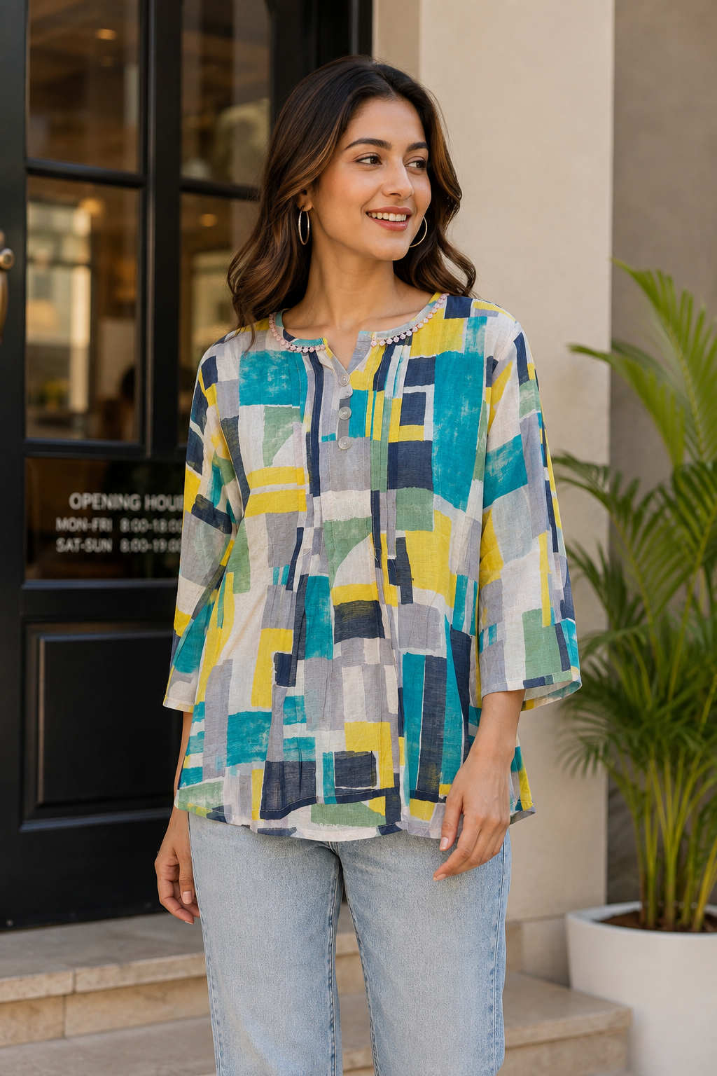 Women’s Multicolour Abstract Printed Relaxed Fit Top with 3/4 Sleeves