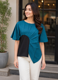 Women’s Teal Blue Printed Layered Peplum Top with Flared Sleeves