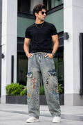 Men’s Grey Washed Cargo Jeans with Graphic Detailing & Relaxed Fit