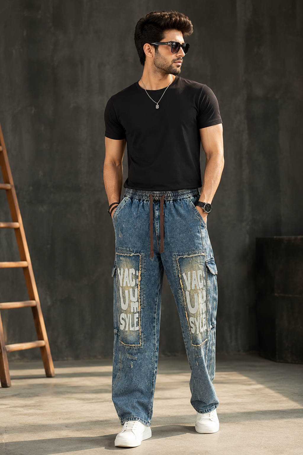 Men’s Blue Washed Cargo Jeans with Printed Utility Pockets & Relaxed Fit