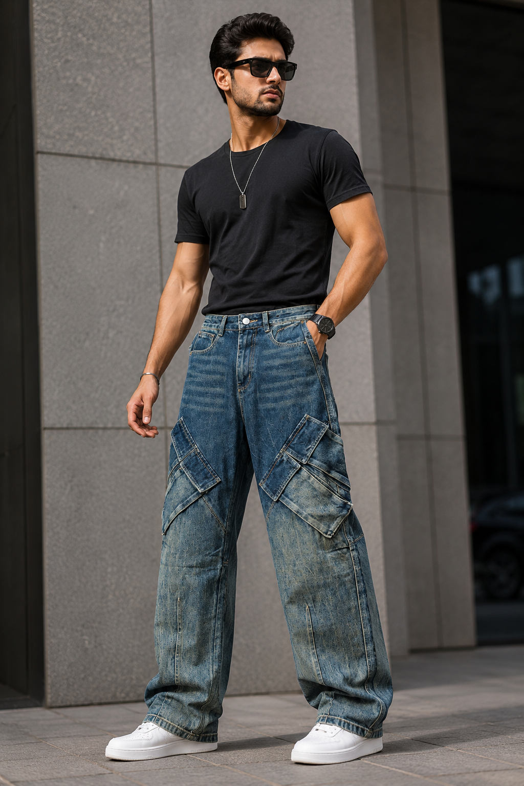 Men’s Blue Relaxed Fit Cargo Jeans with Multi-Pocket Design