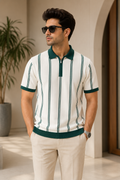 Ivory & Forest Green Striped Zip Polo T-Shirt for Men | Half Sleeve Polo