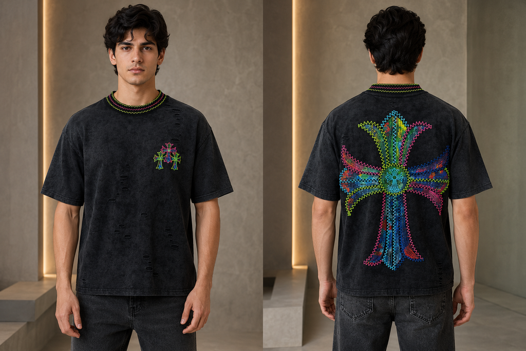 Black Neon Embroidered Oversized T-Shirt for Men | Streetwear Tee