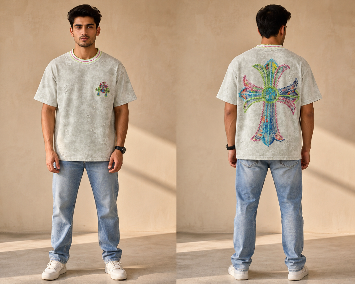 Vintage Off-White Embroidered Oversized T-Shirt for Men