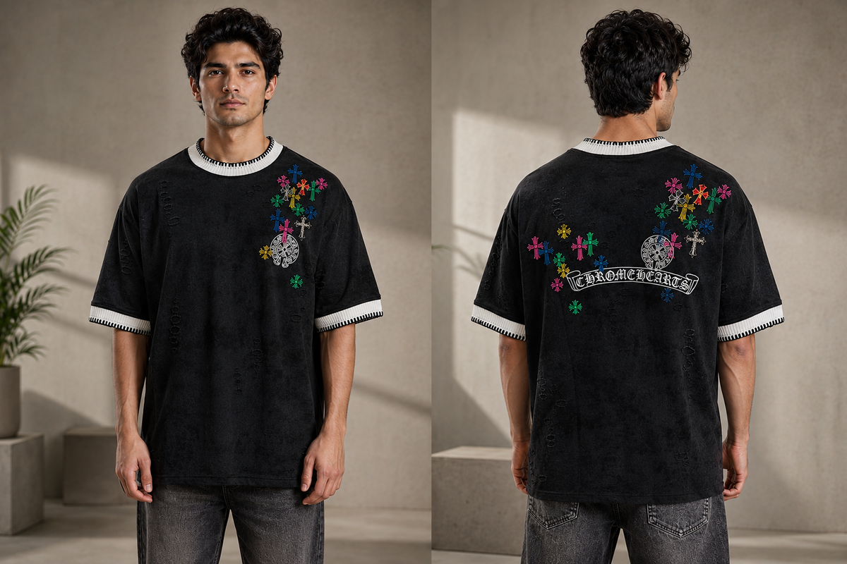 Black Multicolour Embroidered Oversized T-Shirt for Men | Streetwear Tee