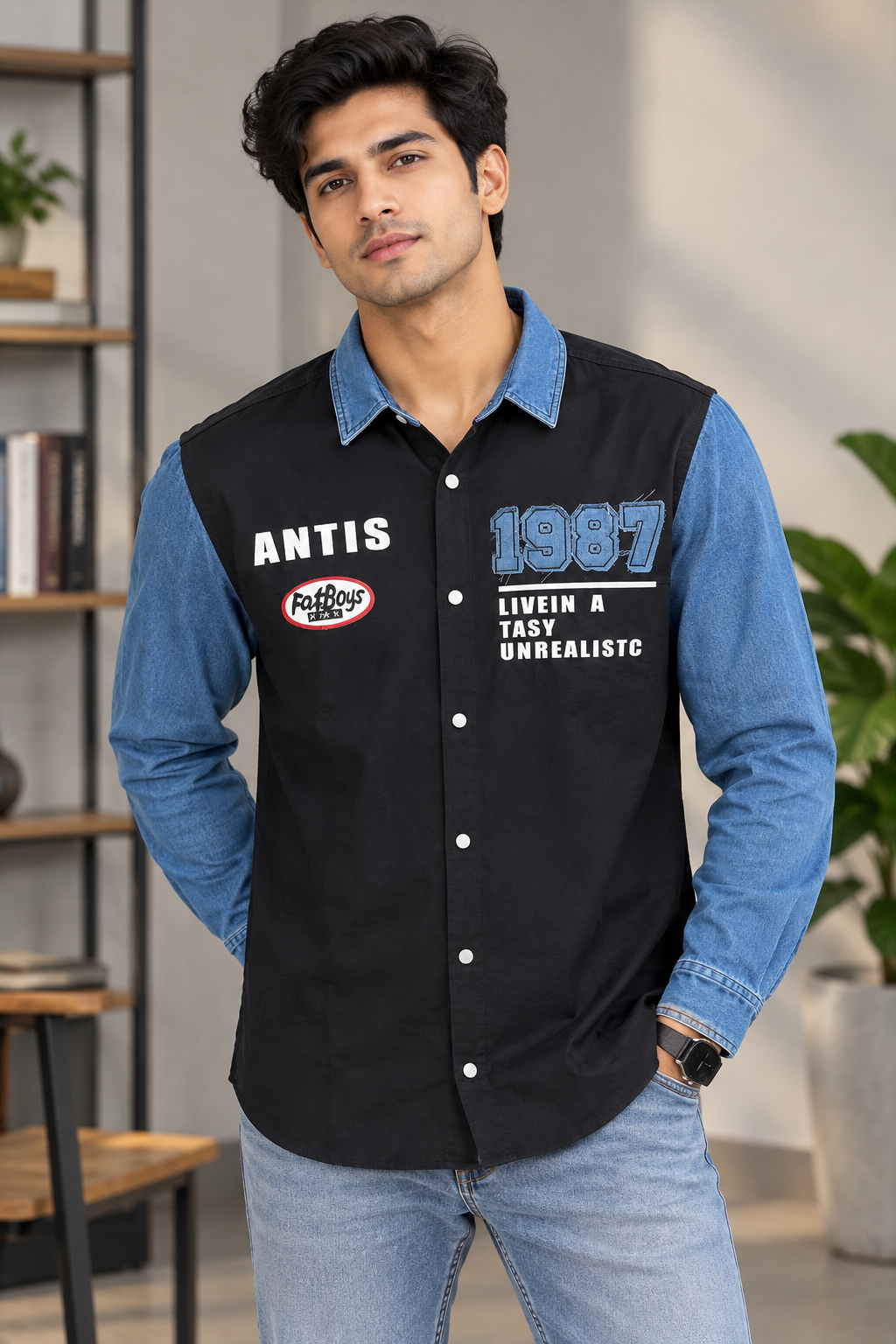 Midnight Racer Denim-Sleeve Shirt