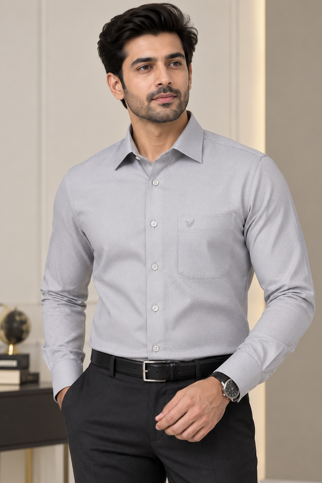 Blackberrys Silver Grey Textured Formal Shirt for Men | Full Sleeve Shirt