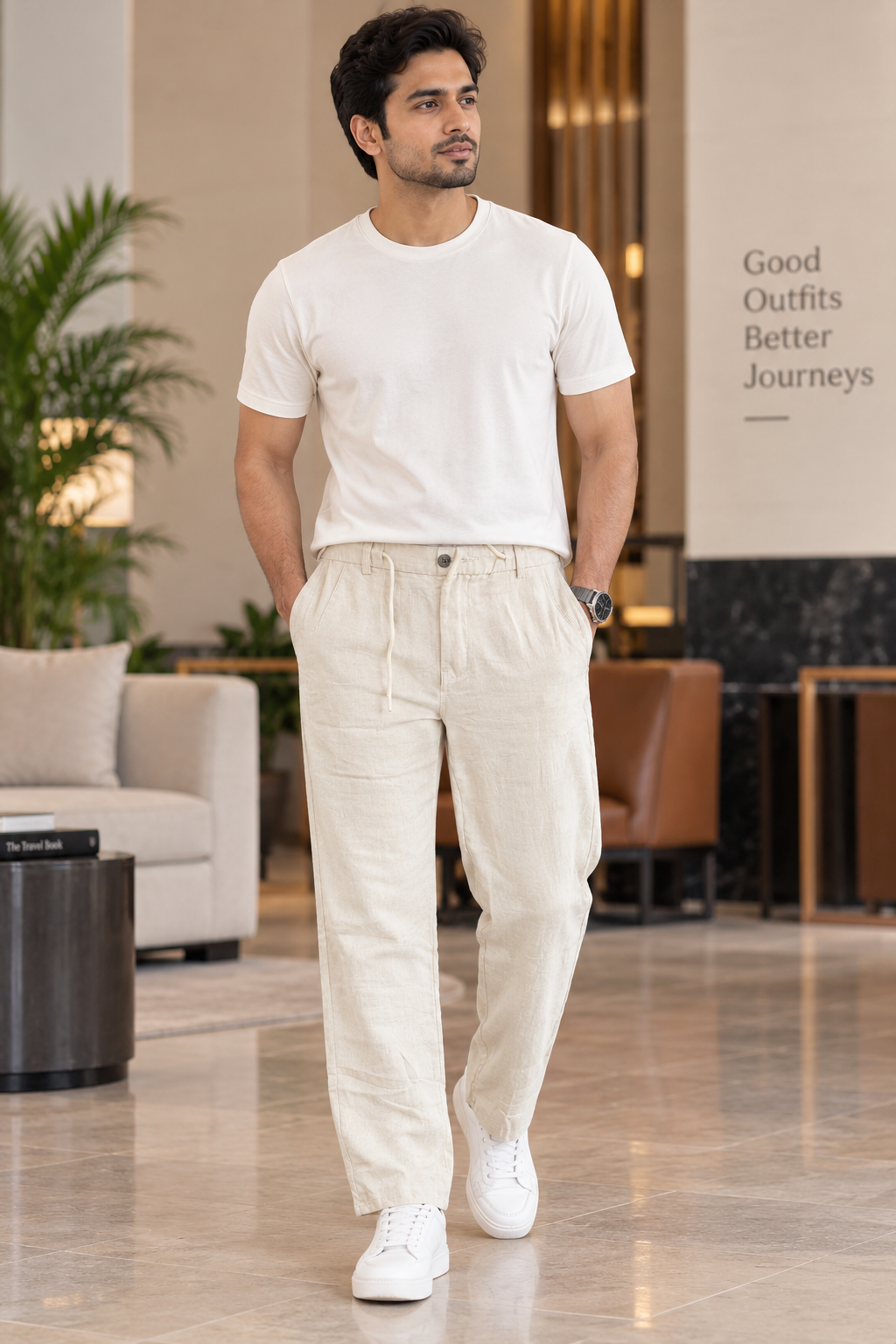 Ivory Textured Relaxed Fit Casual Trousers for Men