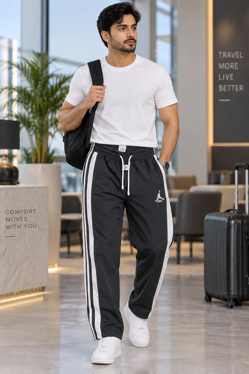 Black & White Side Stripe Relaxed Fit Track Pants for Men