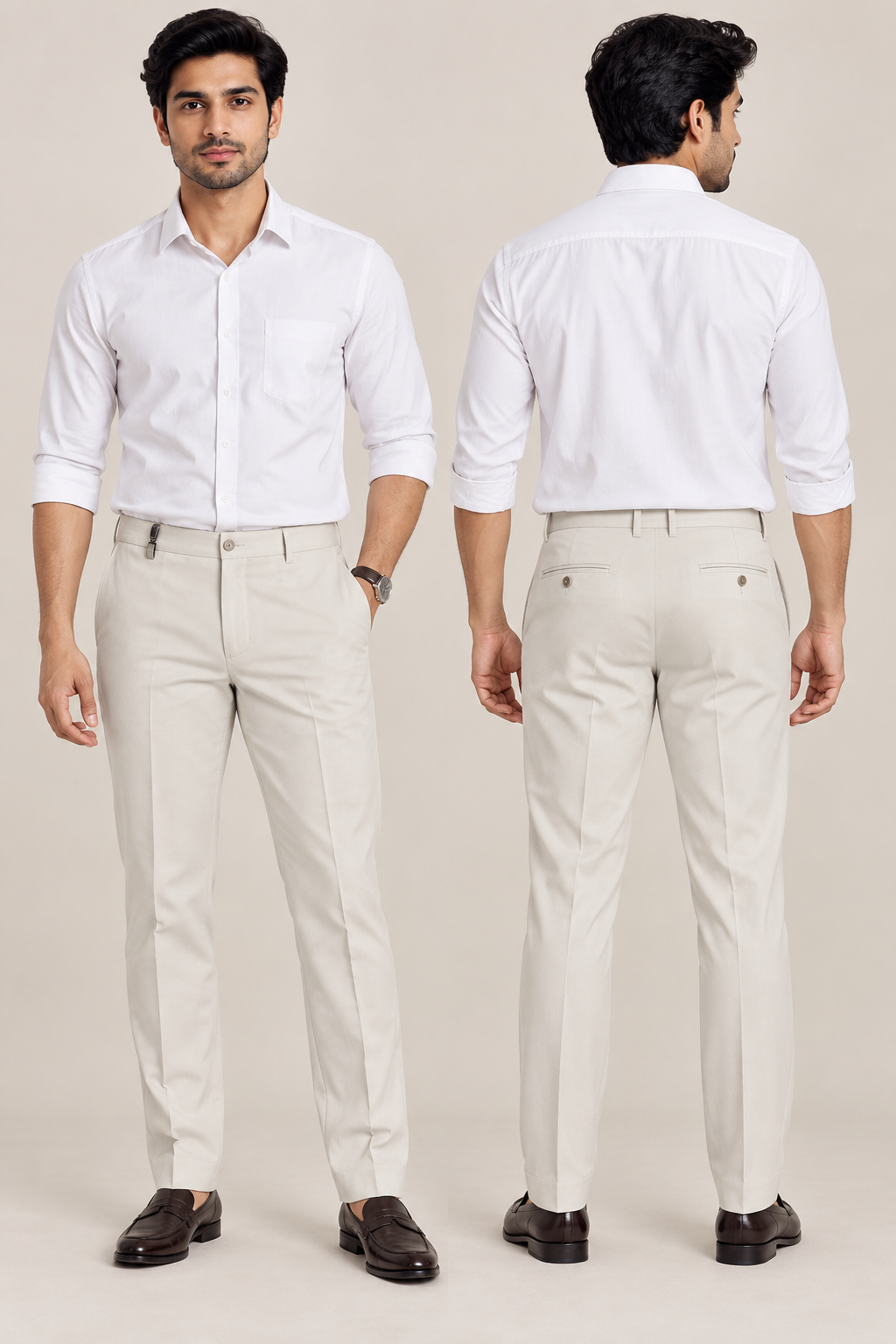 Men’s Ivory Slim Fit Formal Trousers | Solid Tailored Office & Smart Casual Pants