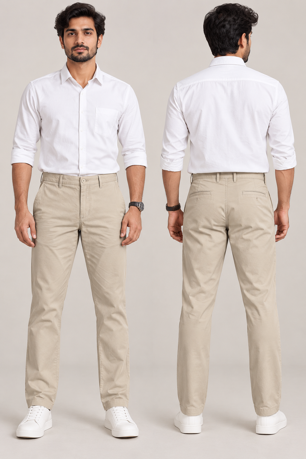 Men’s Beige Regular Fit Casual Trousers | Solid Cotton Blend Everyday Pants