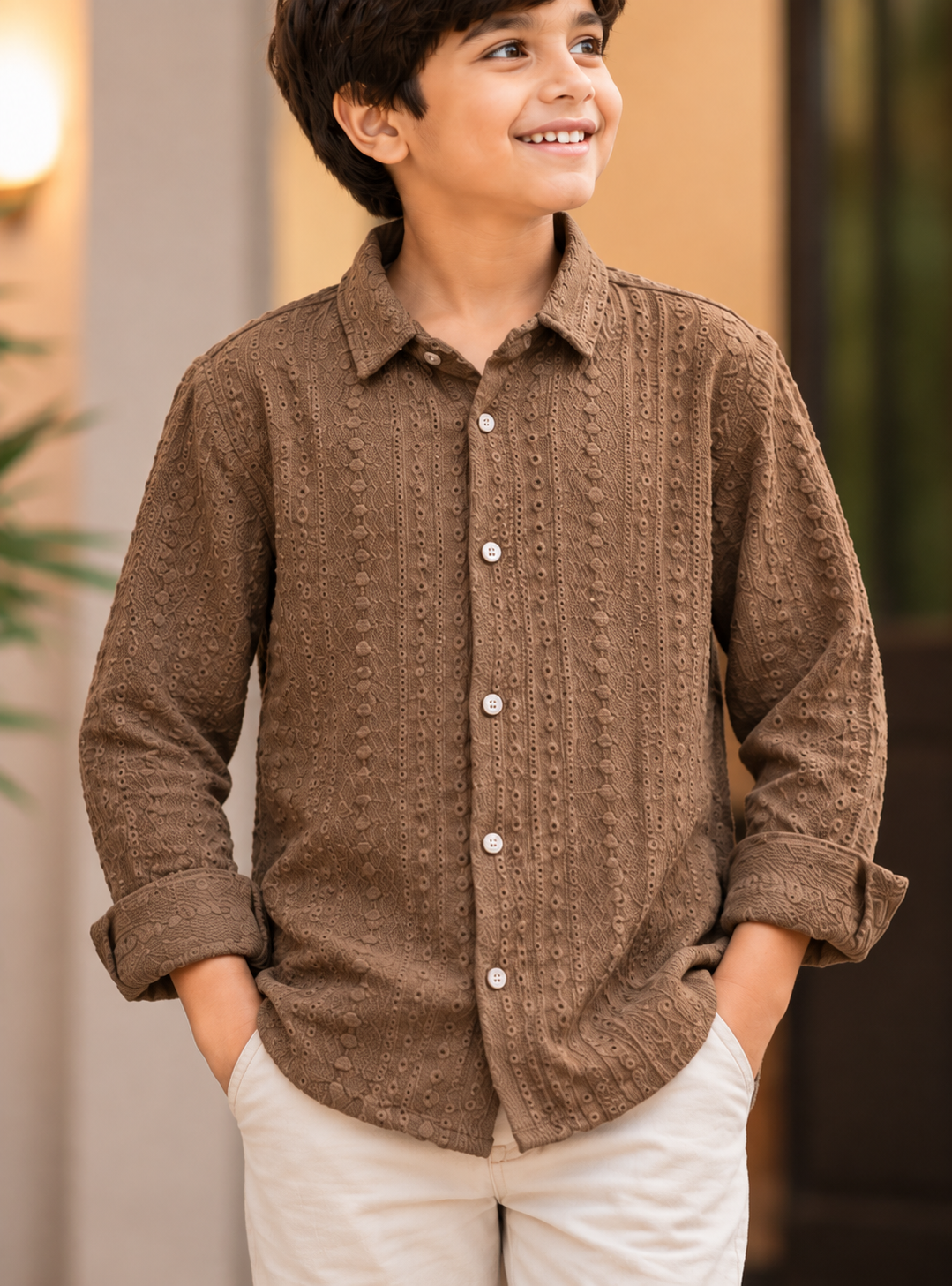 Brown Textured Full-Sleeve Shirt for Boys | Kids Casual Wear