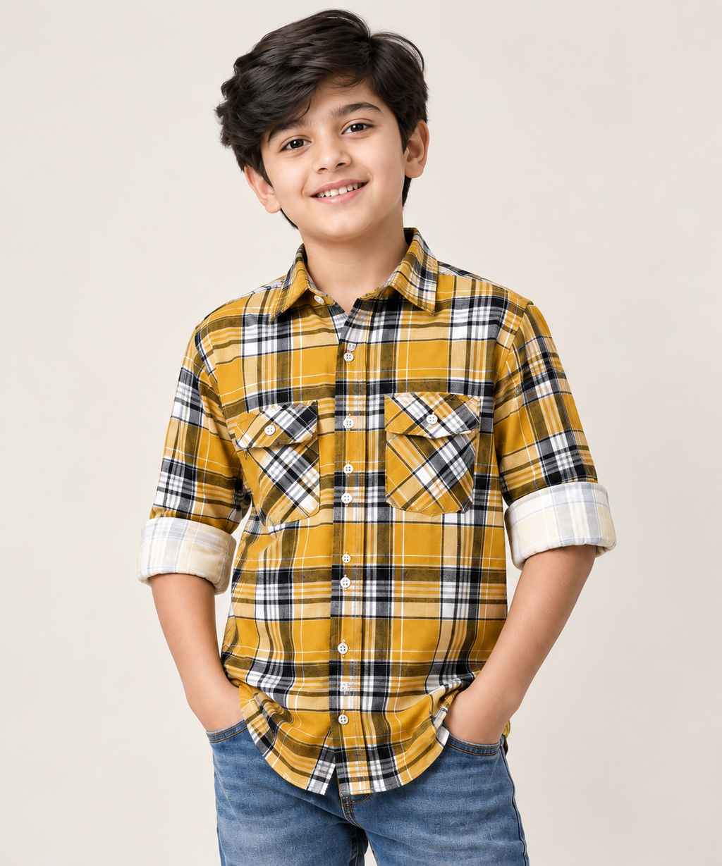 Boys’ Premium Mustard Yellow Checked Shirt | Stylish Full Sleeve Roll-Up Casual Shirt with Dual Pockets