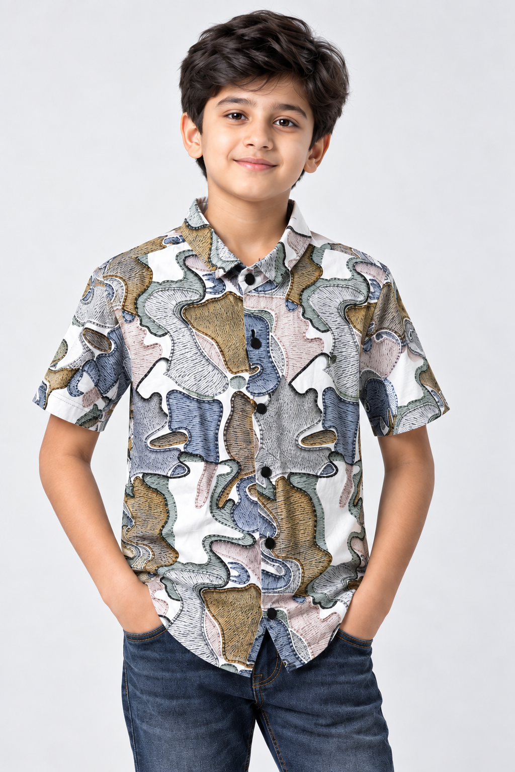 Boys’ Premium Abstract Print Short Sleeve Shirt | Multi-Colour Designer Casual Button-Down Shirt