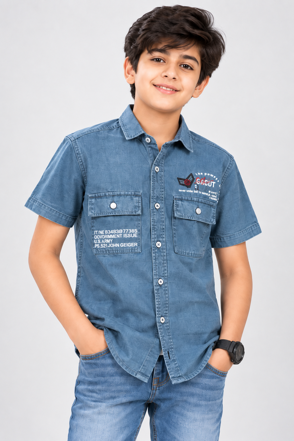 Boys’ Premium Denim Blue Short Sleeve Shirt | Dual Utility Pocket Casual Shirt with Graphic Detailing