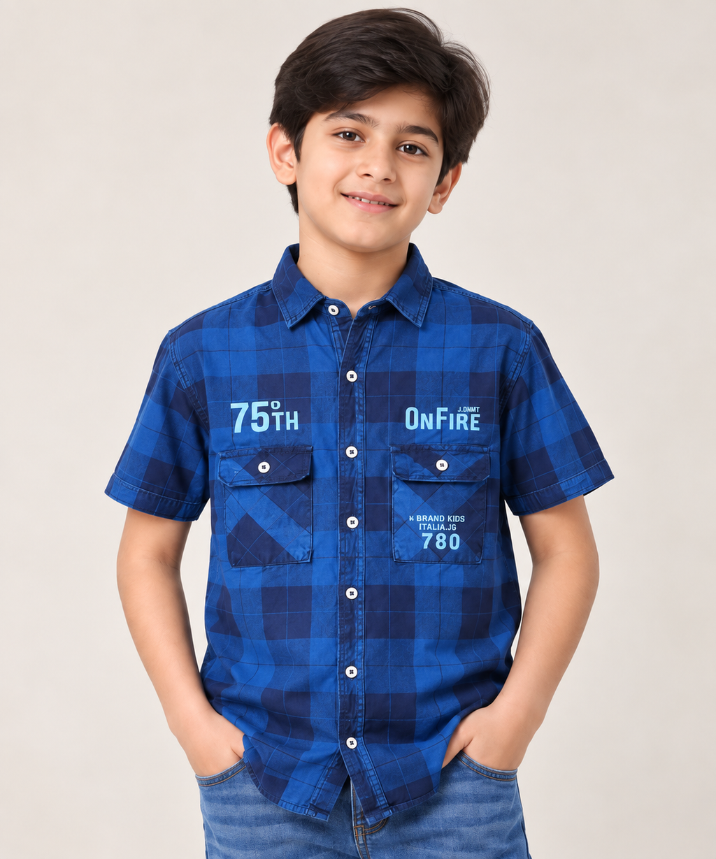 Boys’ Premium Blue Checkered Short Sleeve Shirt | Dual Pocket Printed Casual Shirt for Kids
