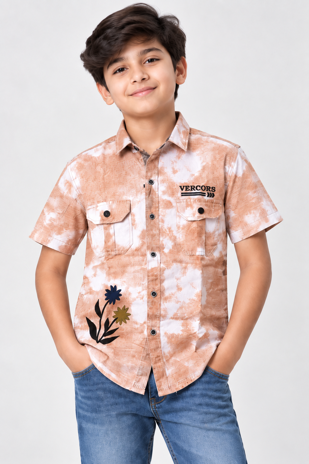 Boys’ Premium Peach Washed Printed Shirt | Stylish Half Sleeve Casual Shirt with Dual Flap Pockets