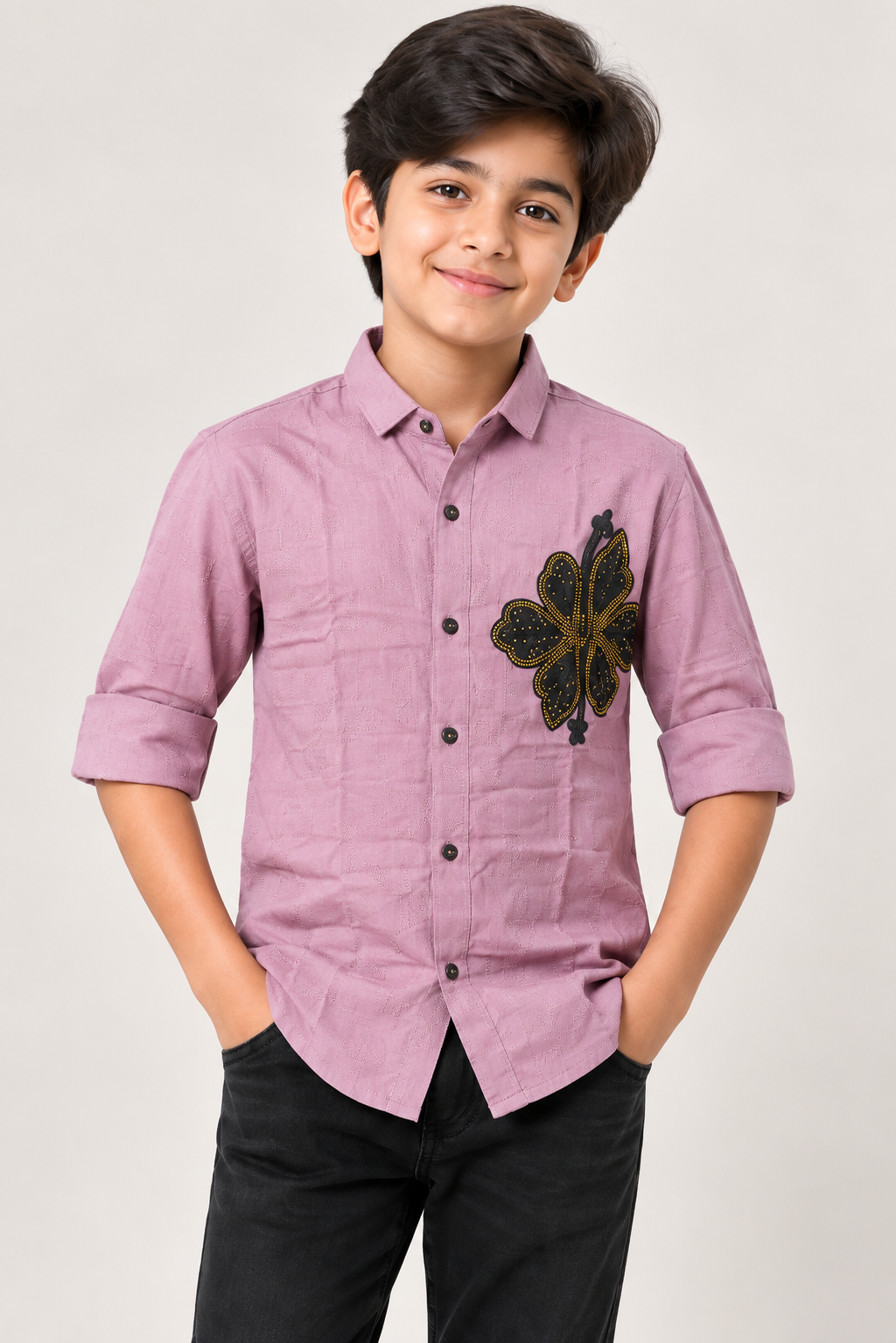 Boys’ Premium Dusty Pink Butterfly Embroidered Shirt | Stylish Full Sleeve Roll-Up Party & Casual Shirt