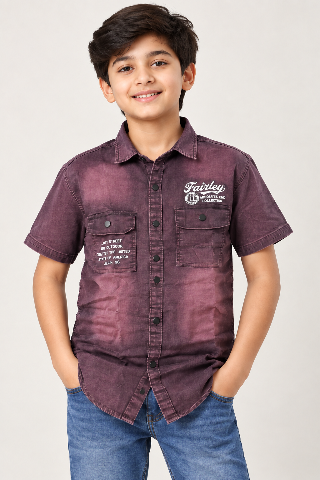 Boys’ Premium Plum Purple Washed Shirt | Half Sleeve Utility Casual Shirt with Dual Pockets