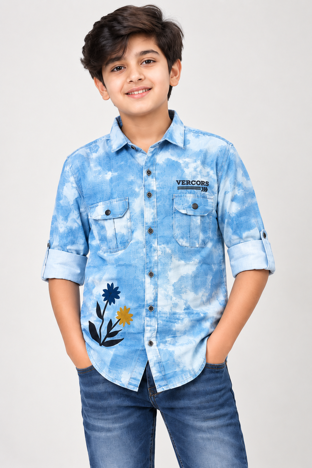 Boys’ Premium Sky Blue Printed Denim Shirt | Full Sleeve Roll-Up Casual Shirt with Dual Pockets & Floral Detail