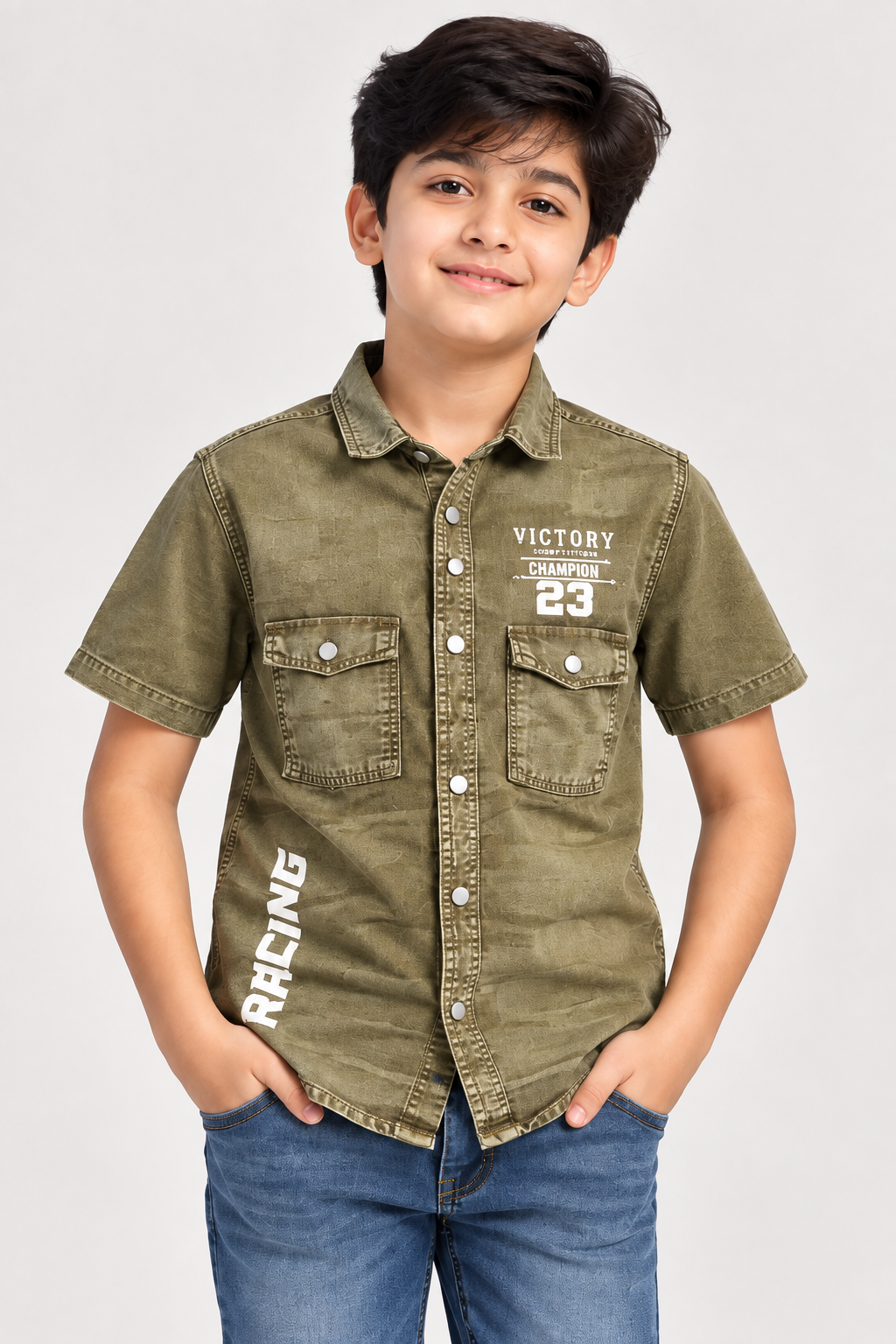 Boys’ Premium Olive Green Washed Denim Shirt | Half Sleeve Casual Shirt with Dual Utility Pockets