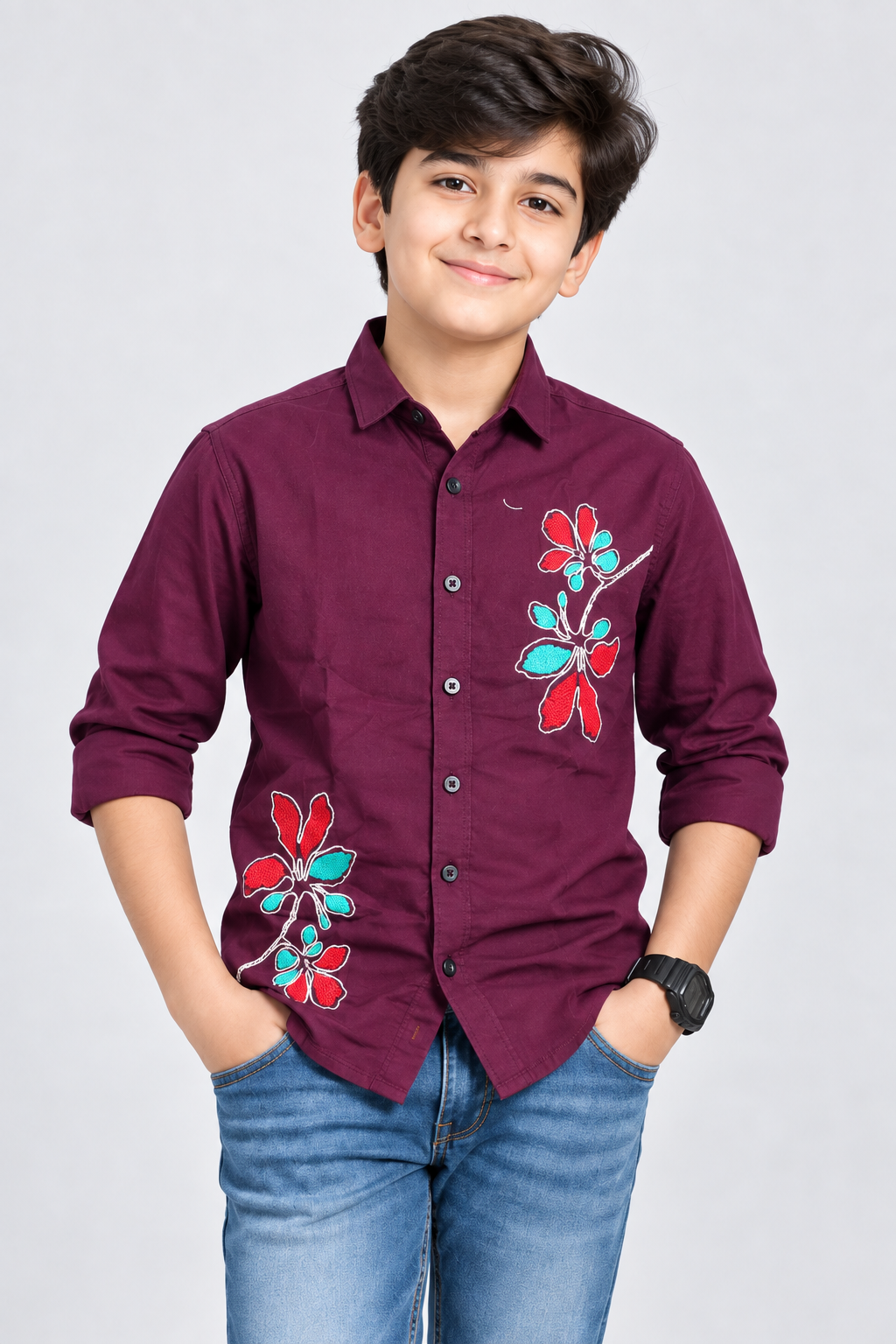 Boys’ Premium Wine Maroon Floral Embroidered Shirt | Stylish Full Sleeve Casual Party Shirt