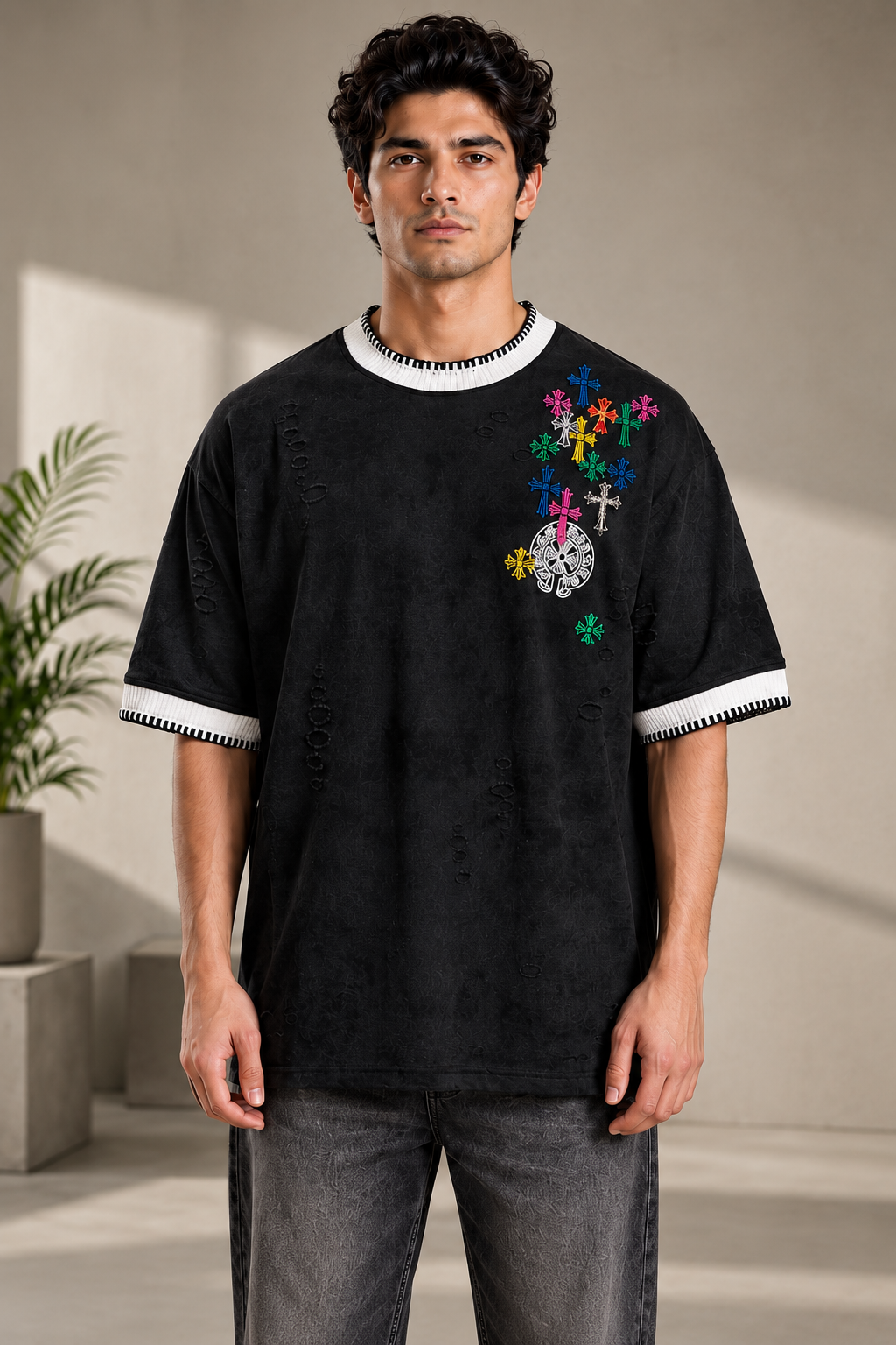 Black Multicolour Embroidered Oversized T-Shirt for Men | Streetwear Tee