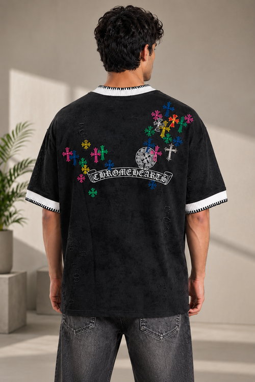 Black Multicolour Embroidered Oversized T-Shirt for Men | Streetwear Tee