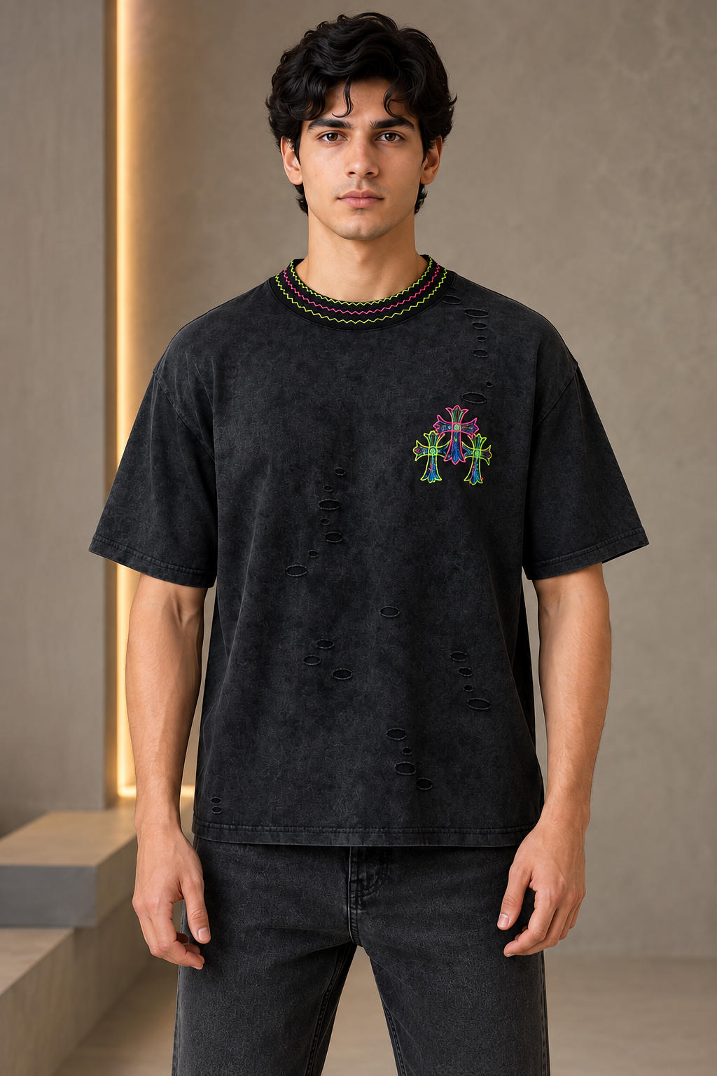 Black Neon Embroidered Oversized T-Shirt for Men | Streetwear Tee