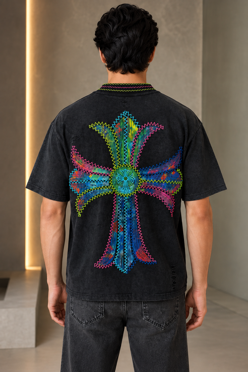 Black Neon Embroidered Oversized T-Shirt for Men | Streetwear Tee