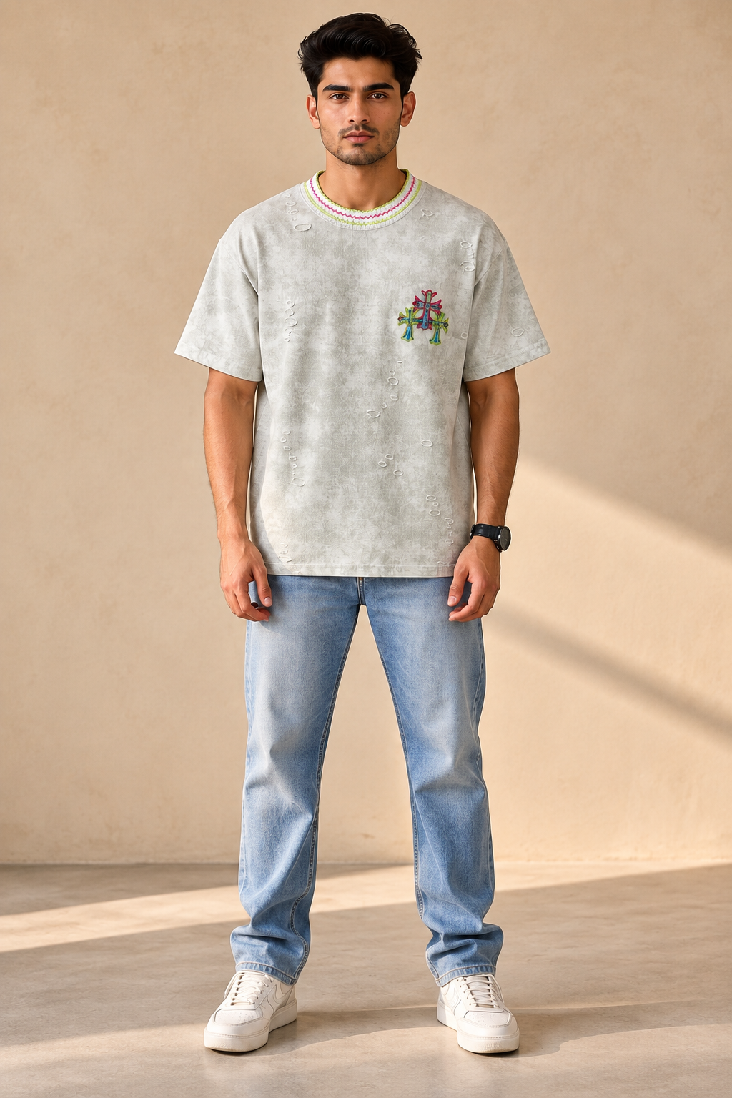 Vintage Off-White Embroidered Oversized T-Shirt for Men