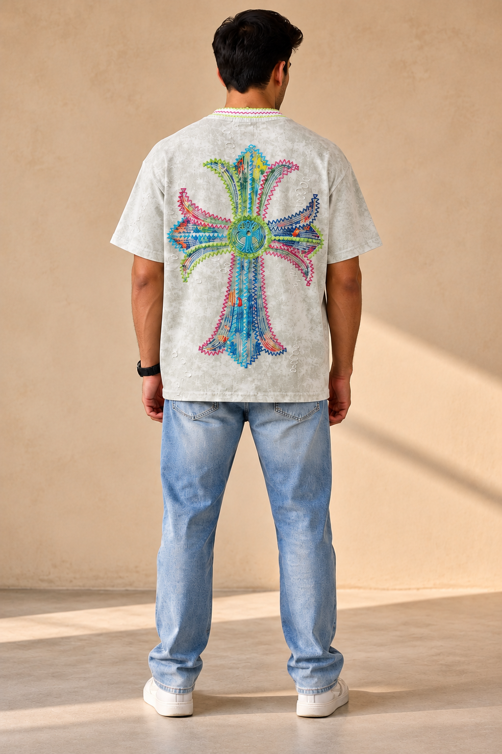 Vintage Off-White Embroidered Oversized T-Shirt for Men