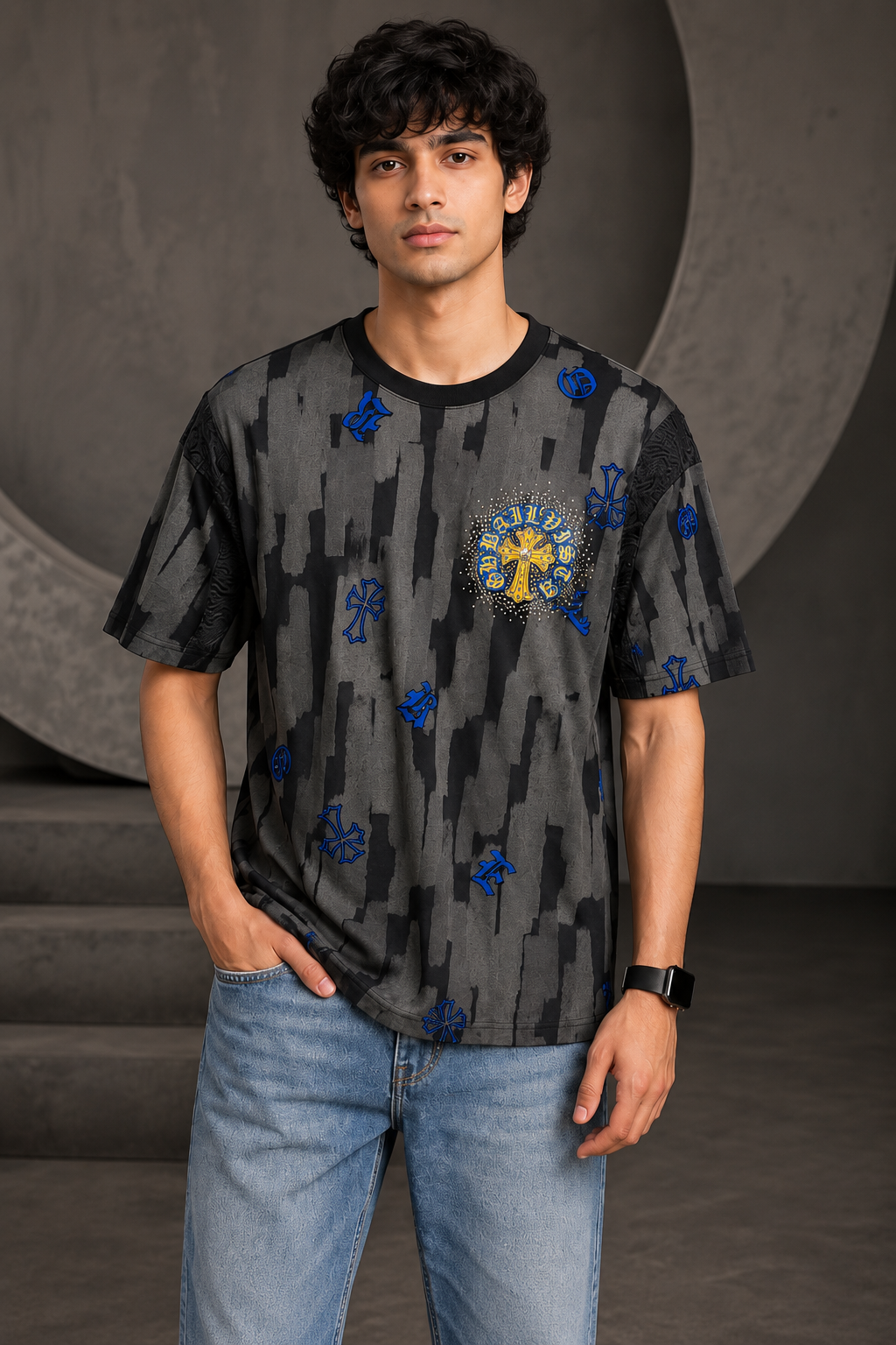Charcoal Black Graphic Oversized T-Shirt for Men | Streetwear Tee