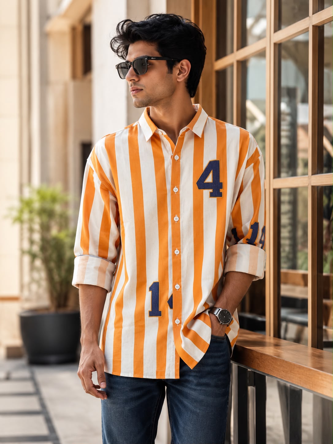 Men's Orange & White Striped Graphic Shirt