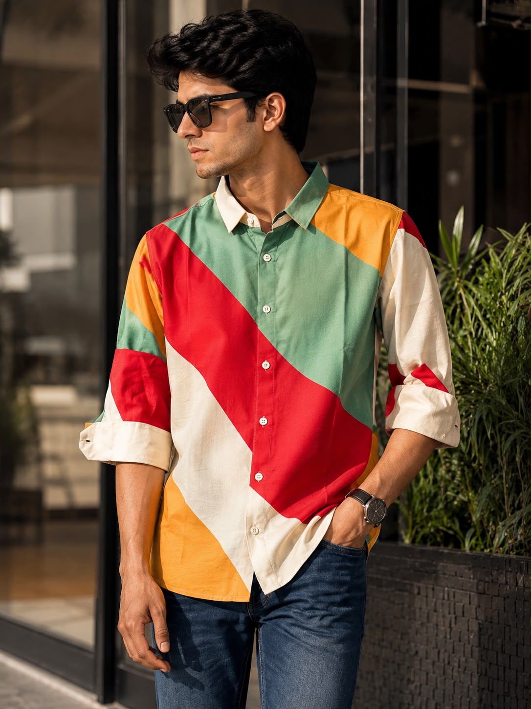 Men's Multicolour Geometric Colour-Block Shirt