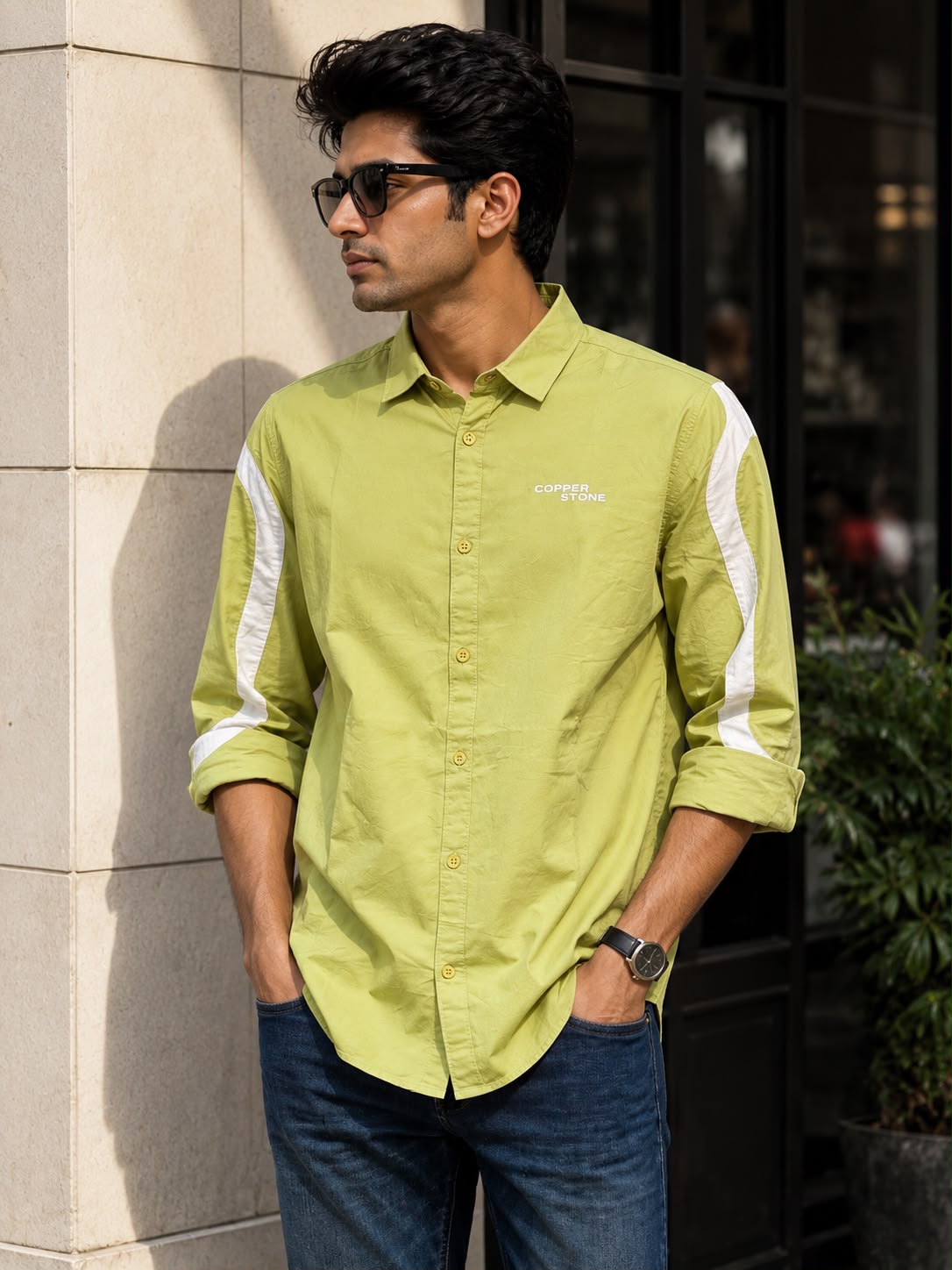 Men's Lime Green Contrast Panel Shirt