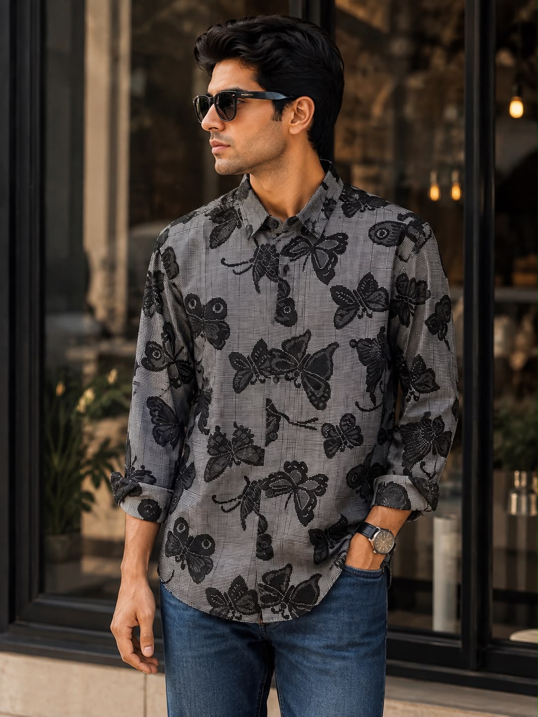 Men's Grey & Black Floral Print Shirt